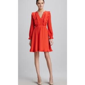 Kate Spade New York 100% Silk Ruffle V-neckline A Line Dress Long Sleeves